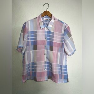 Alia Petites Short-Sleeve Pastel Plaid Button-Down Shirt in Pink & Blue Size 12